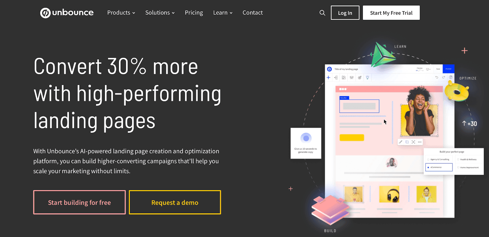 Unbounce website - Convert 30% more with high performing landing pages