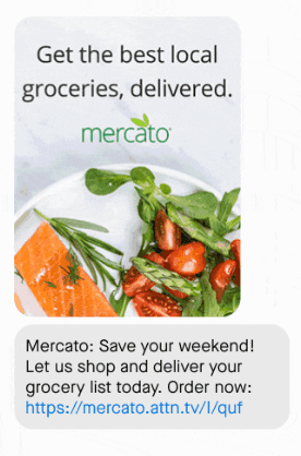 Mercato mobile marketing text with photo captioned "Get the best local groceries delivered"