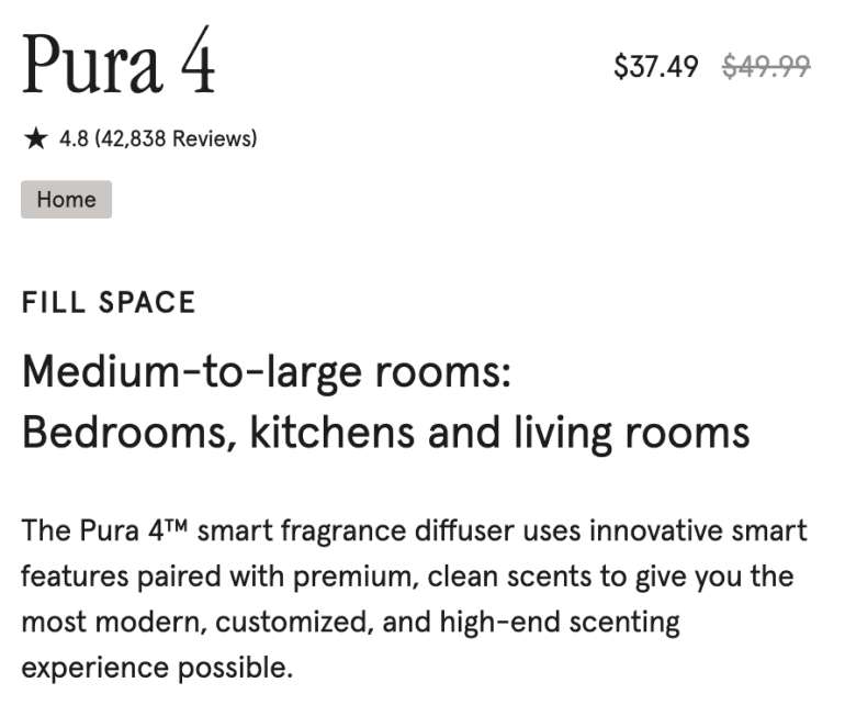 Product page for Pura 4 with product description