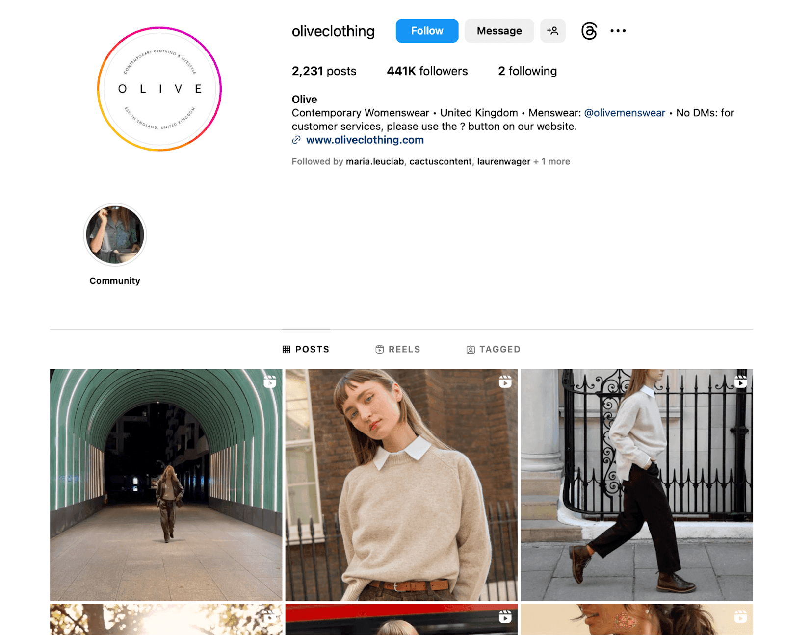 Olive clothing instagram homepage