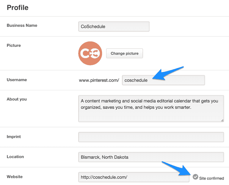 Pinterest profile settings with arrows pointing to "Username" field and "Site confirmed" checkbox