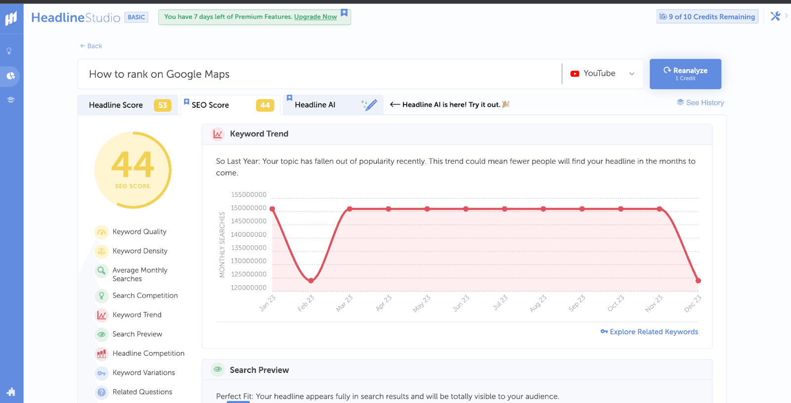 "How to rank on Google Maps" SEO score on Headline Studio