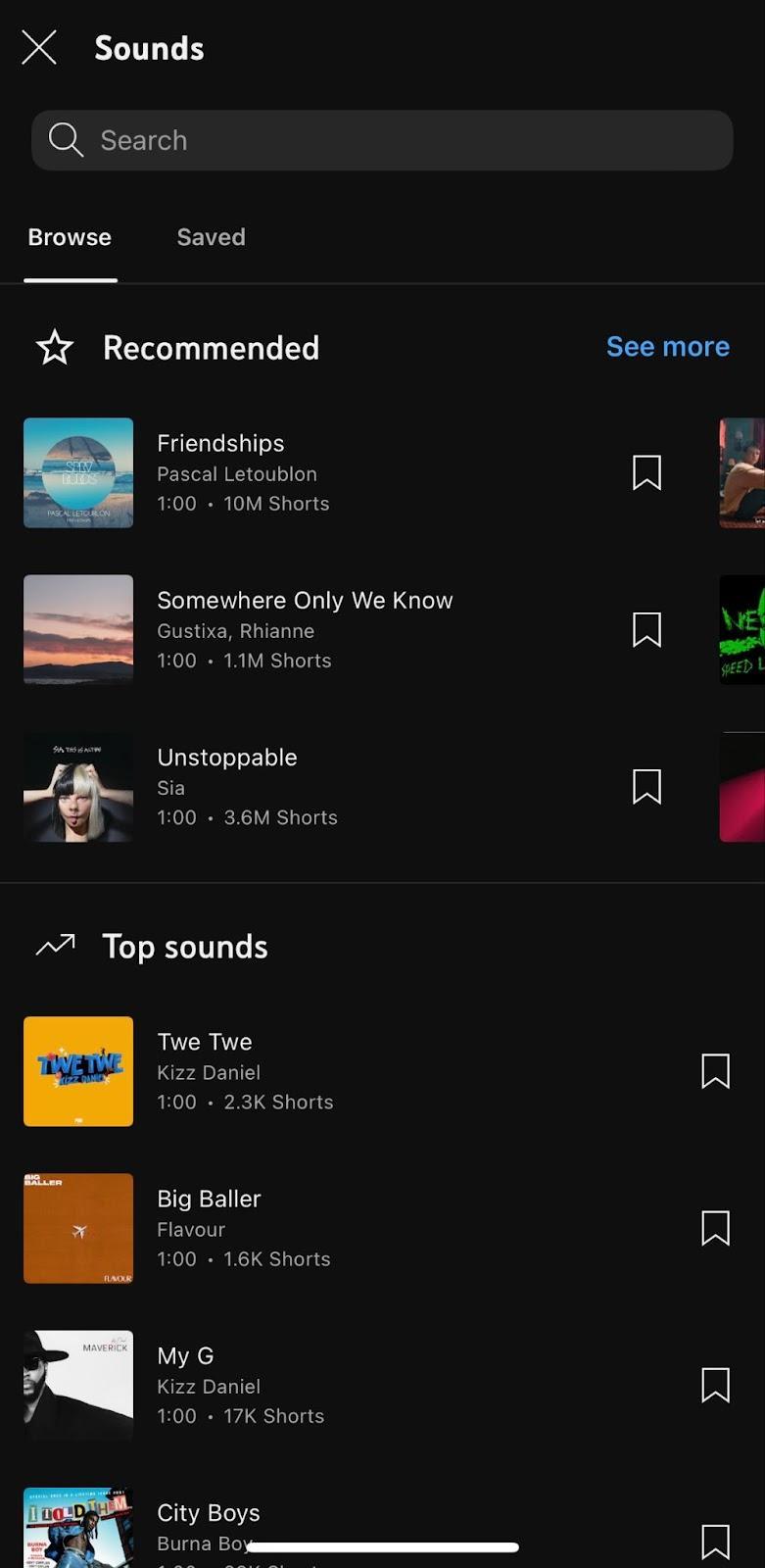 YouTube Shorts sounds tab with recommended and top sounds