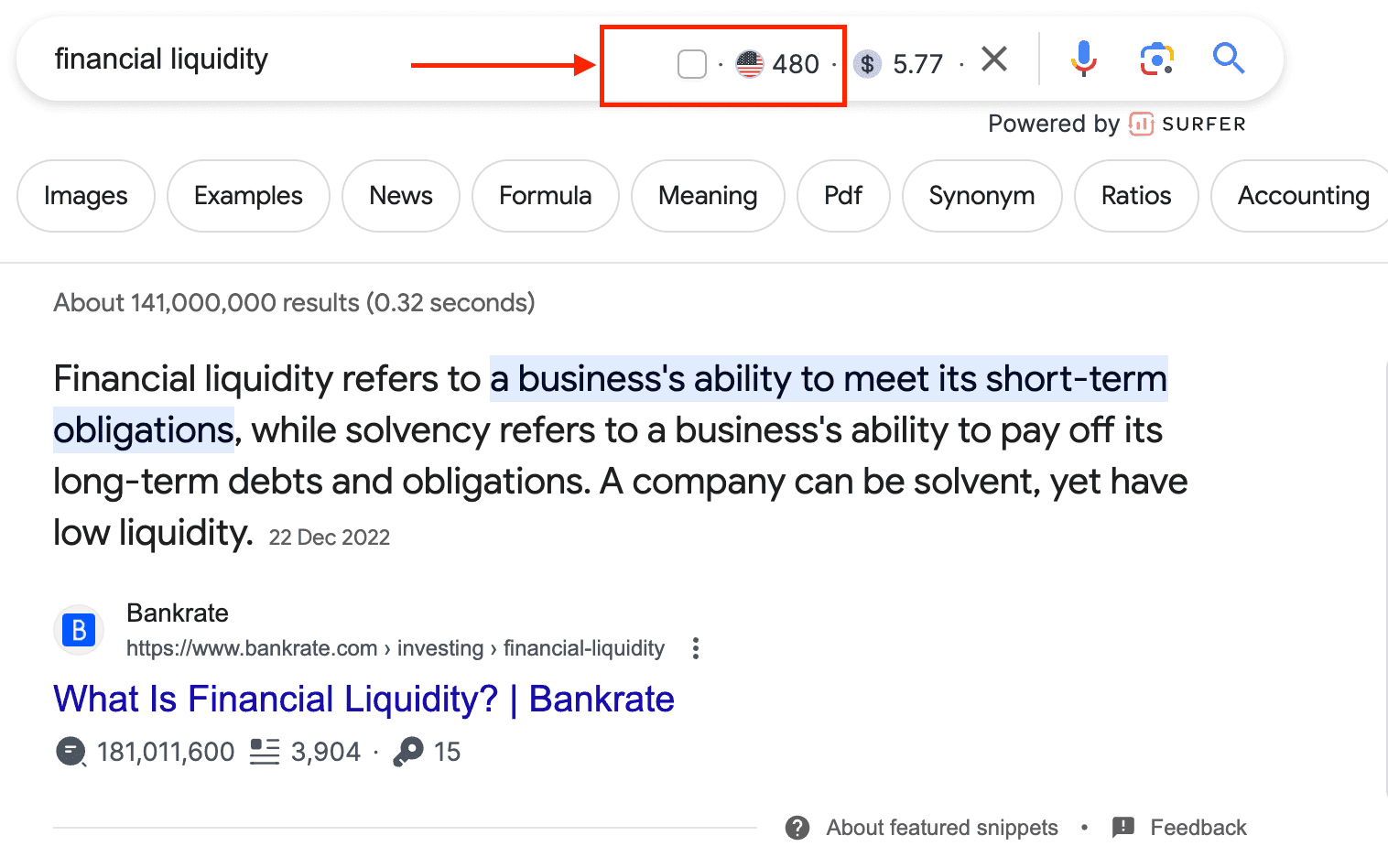 Financial liquidity Google search with Bankrate's article ranking #1