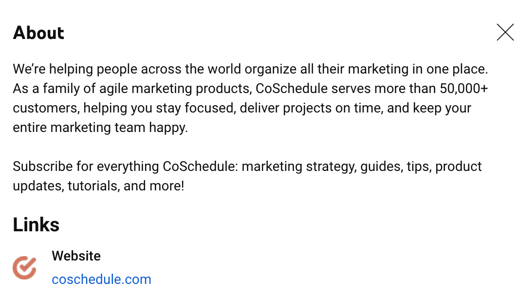 CoSchedule's "About" info section on YouTube with a link to CoSchedule website
