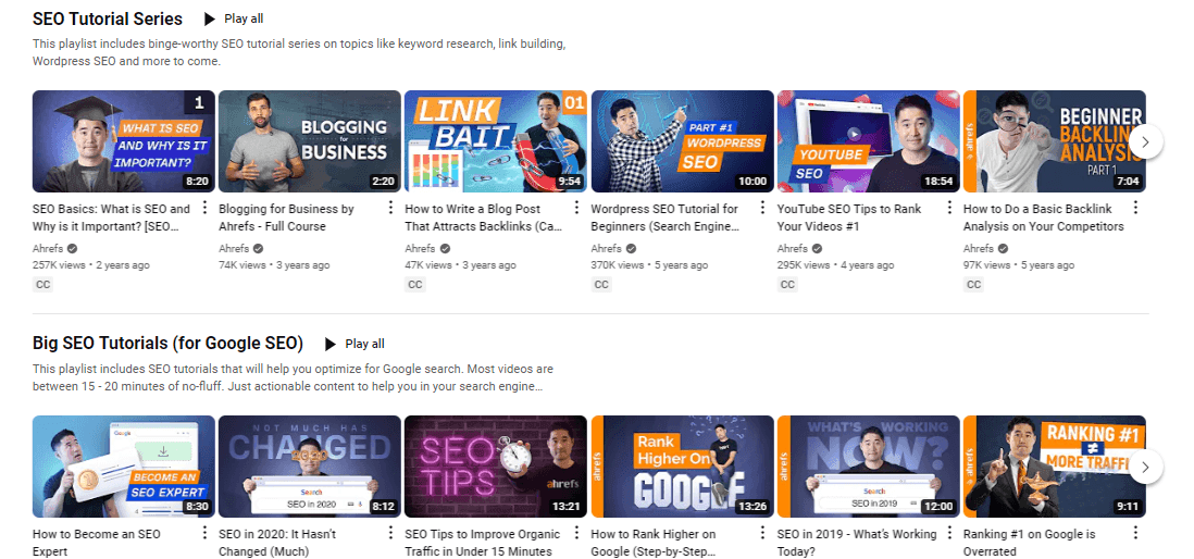 Ahrefs YouTube channel with SEO tutorial playlists