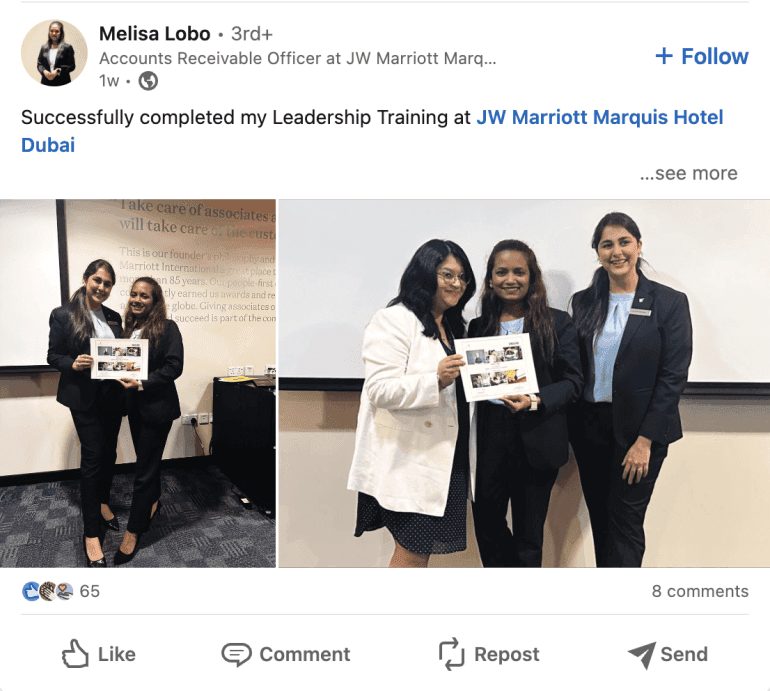 LinkedIn post showcasing leadership training completion