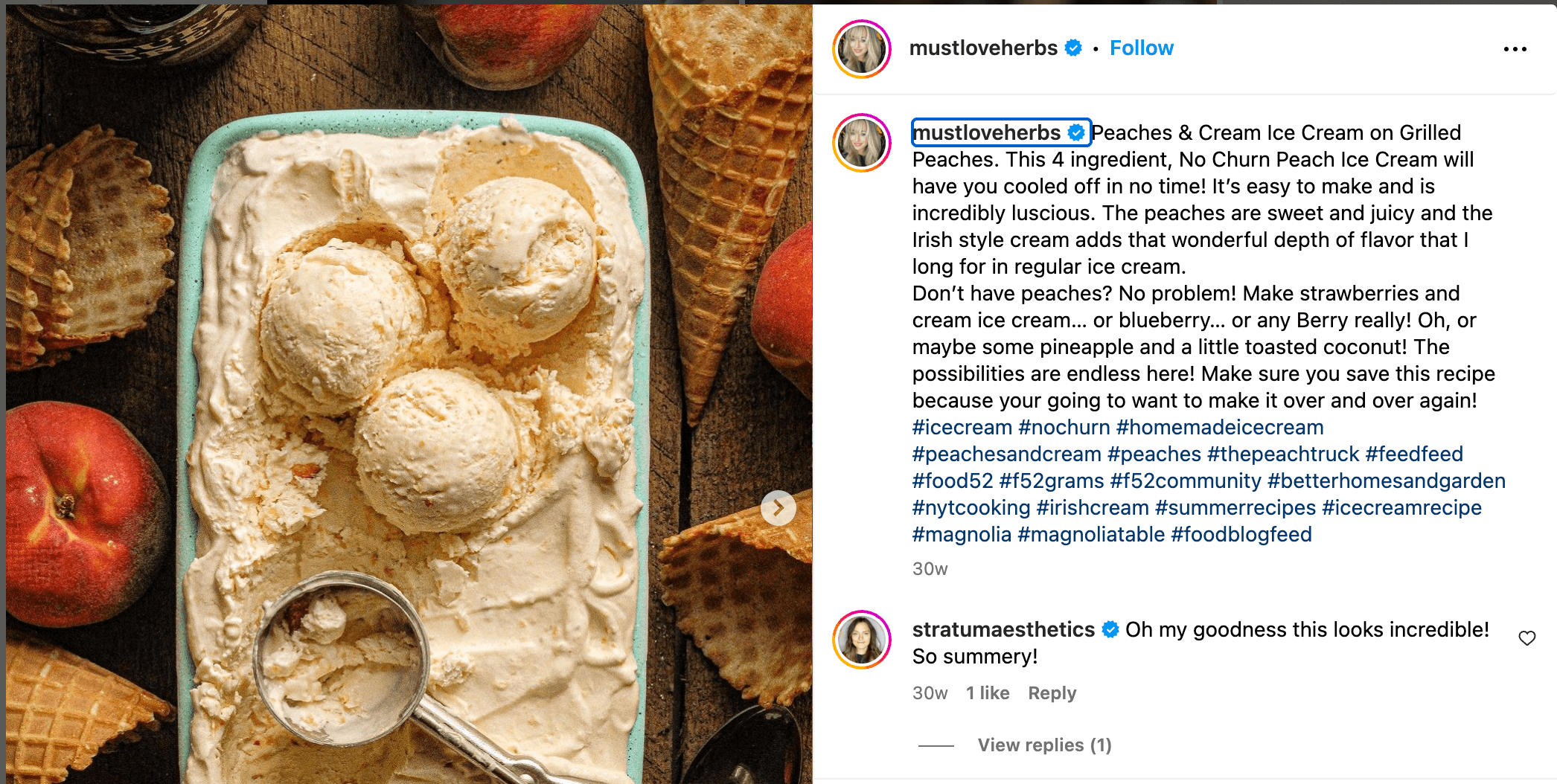 Instagram post from @mustloveherbs that shows Peaches & Cream Ice Cream on Grilled Peaches