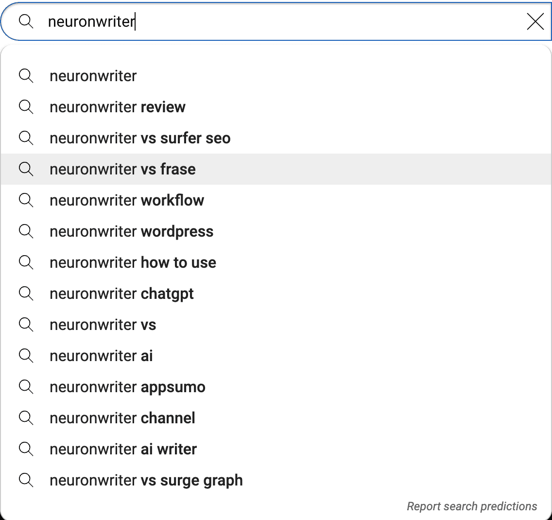 YouTube search query for NeuronWriter with list of keywords commonly searched