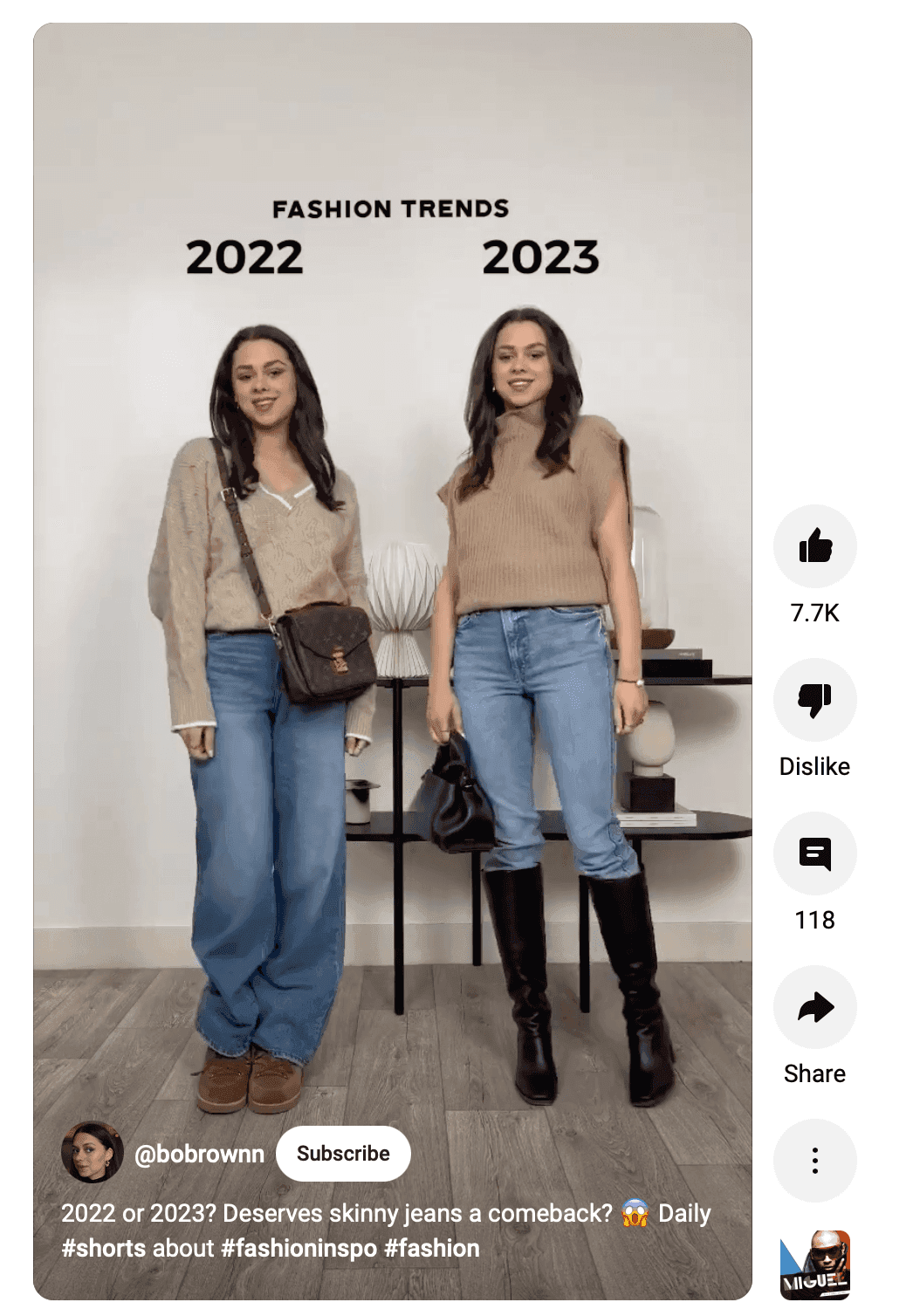 Two women standing wearing different fashion trends