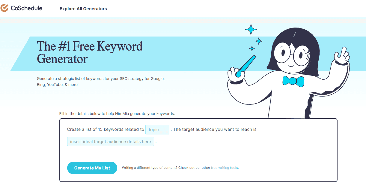 Hire Mia keyword generator front page