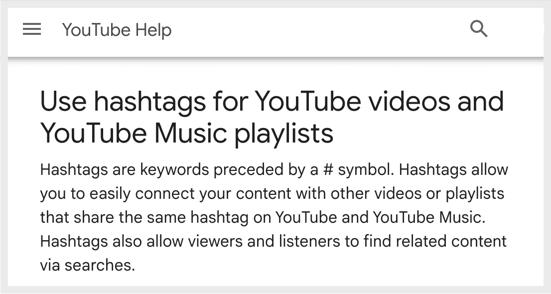 youtube help page for hashtags on youtube videos and youtube music playlists