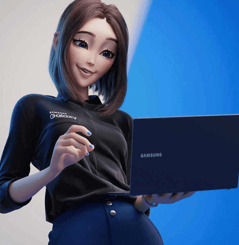Samsung Sam holding a laptop