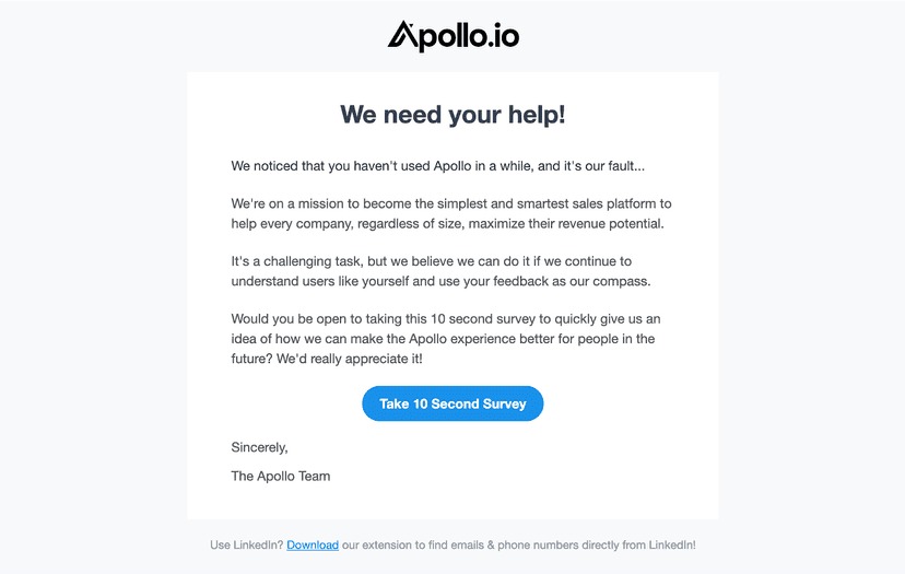 Apollo message noticing you haven't used its services in a while