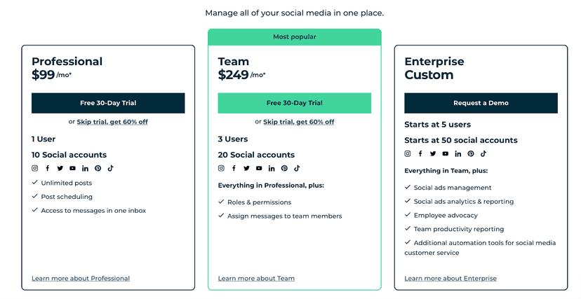 Hootsuite pricing homepage