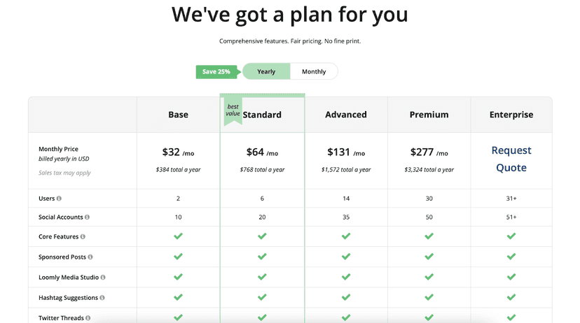 Loomly pricing homepage