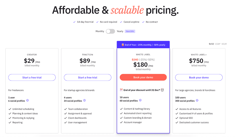 Sendible pricing homepage