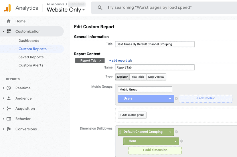 Google analytics custom report page