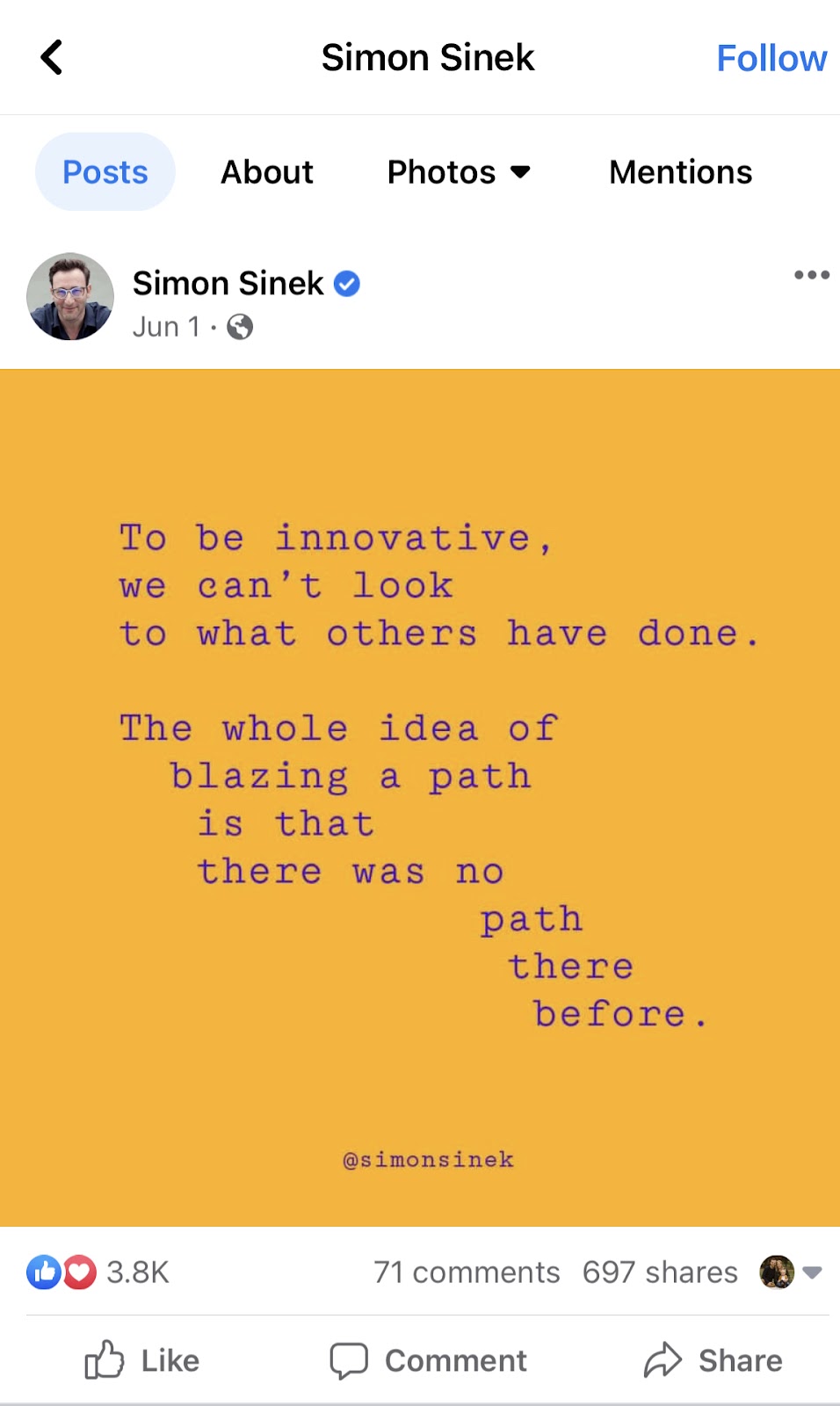 Simon Sinek Facebook post