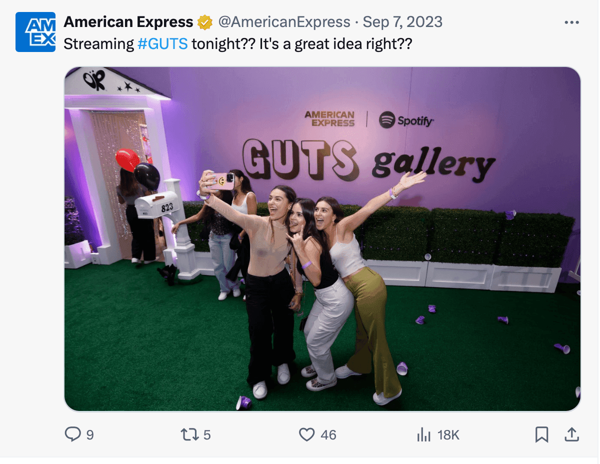 American Express tweet about their new partnership with Spotify