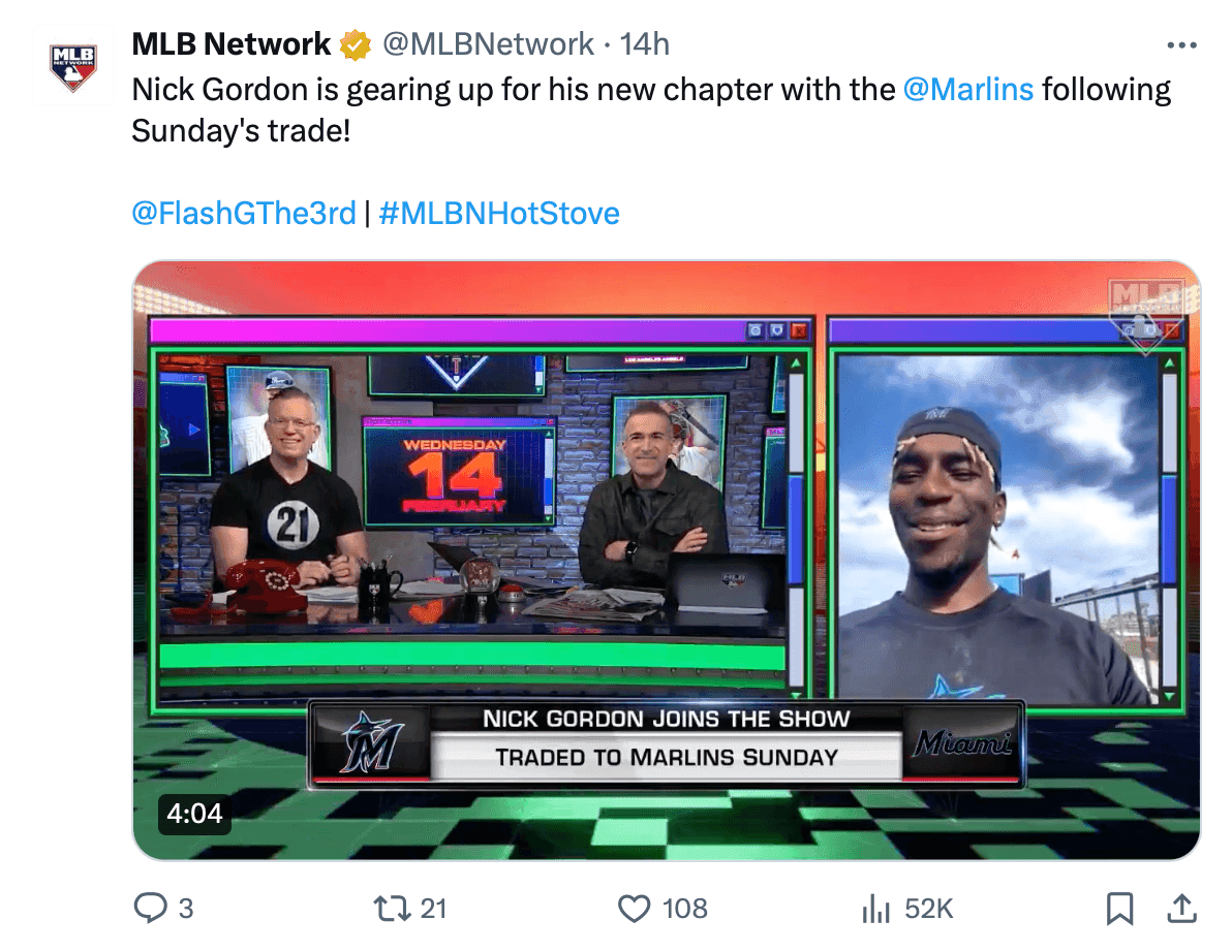 MLB Network tweet of the broadcast of Nick Gordon being traded