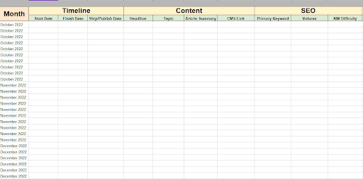 Advanced content calendar template spreadsheet with timeline, content, SEO and month