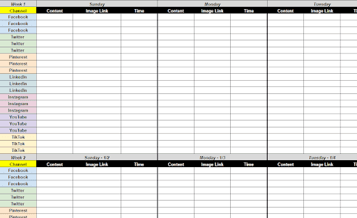 Social Media content calendar spreadsheet