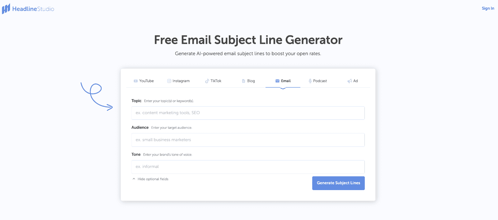 Coschedule subject line generator homepage