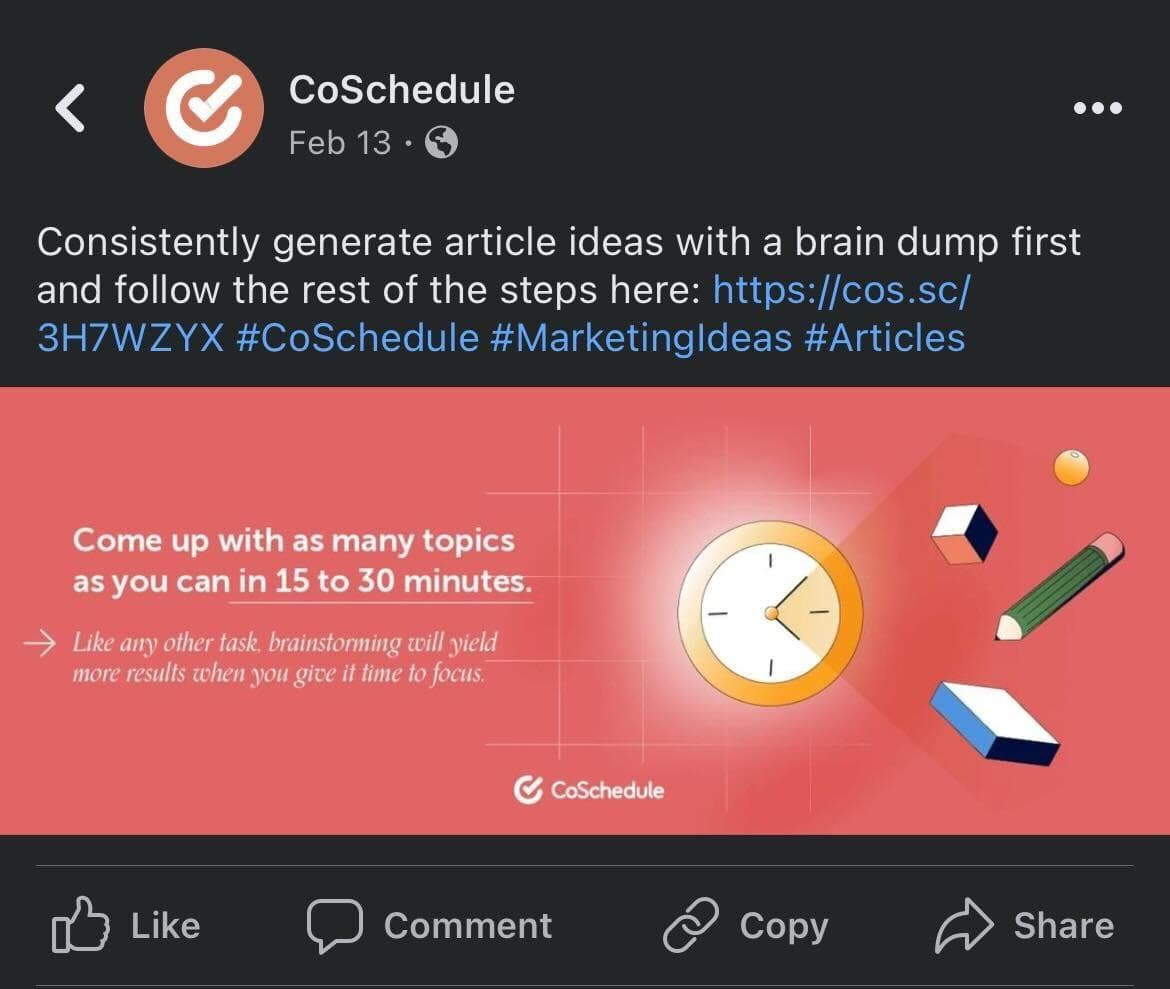 CoSchedule Facebook post CTA