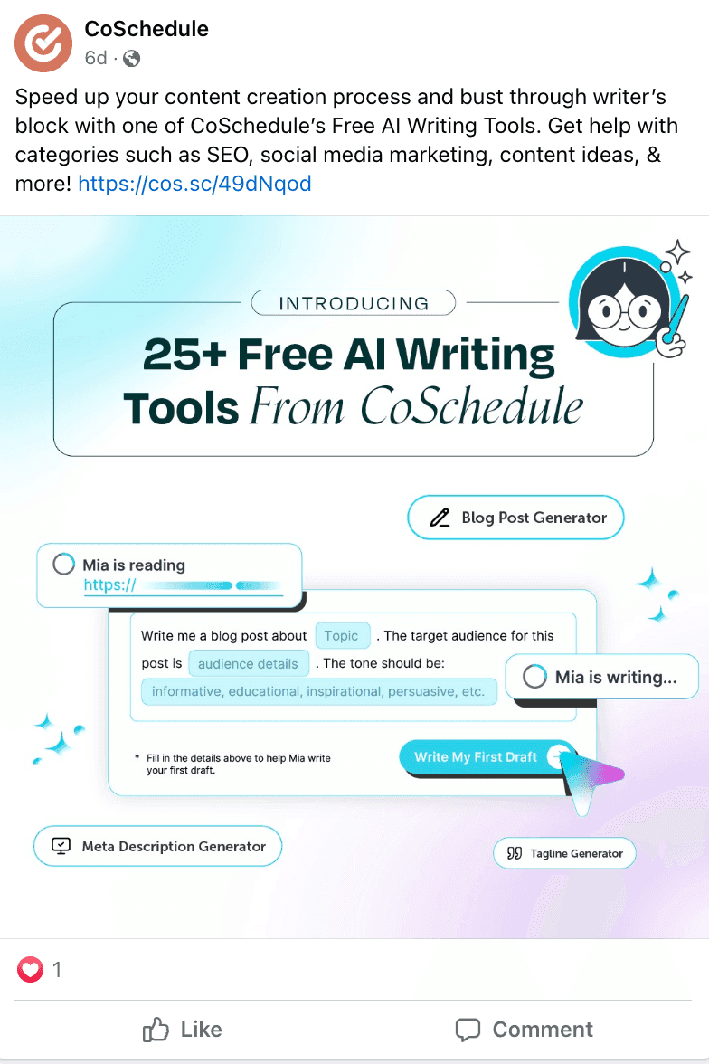 CoSchedule Facebook post introducing free AI writing tools