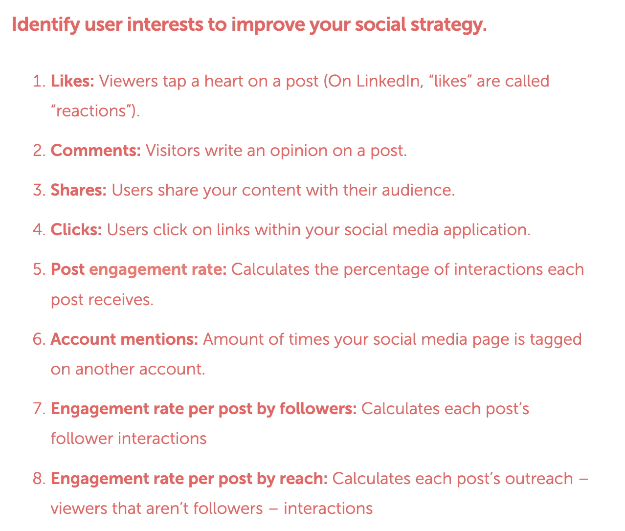 Engagement metrics: Likes, comments, shares, clicks, post engagement rate, account mentions, engagement rate per post by followers, engagement rate per cost by reach