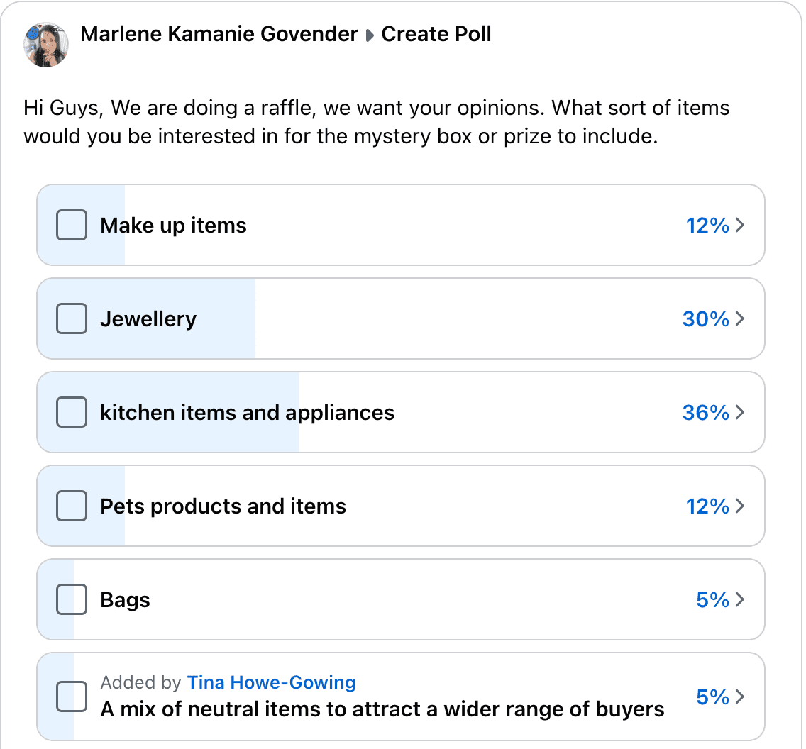 Facebook poll about what items should be in a raffle