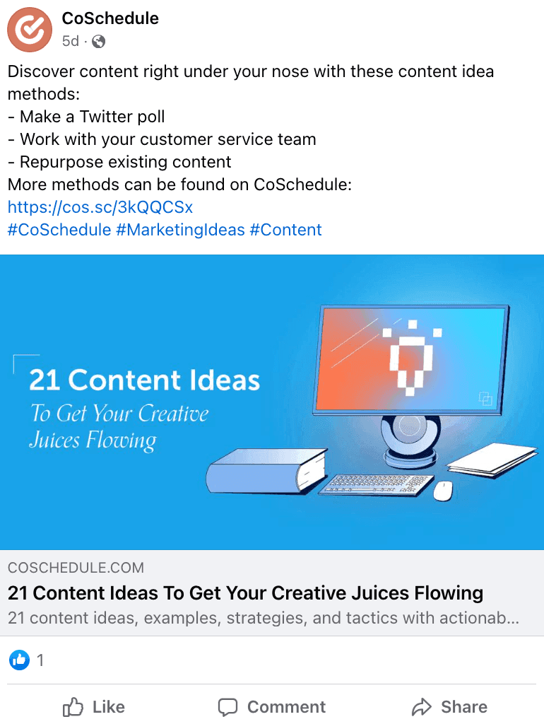 CoSchedule Facebook post about content ideas for marketers