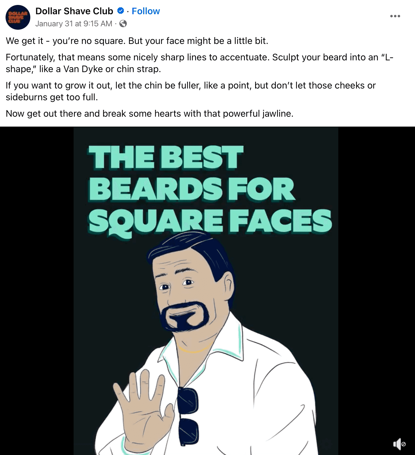 Dollar Shave Club Facebook post about best beards for square-shaped faces