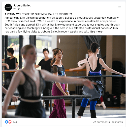 Joburg Ballet Facebook post about staff