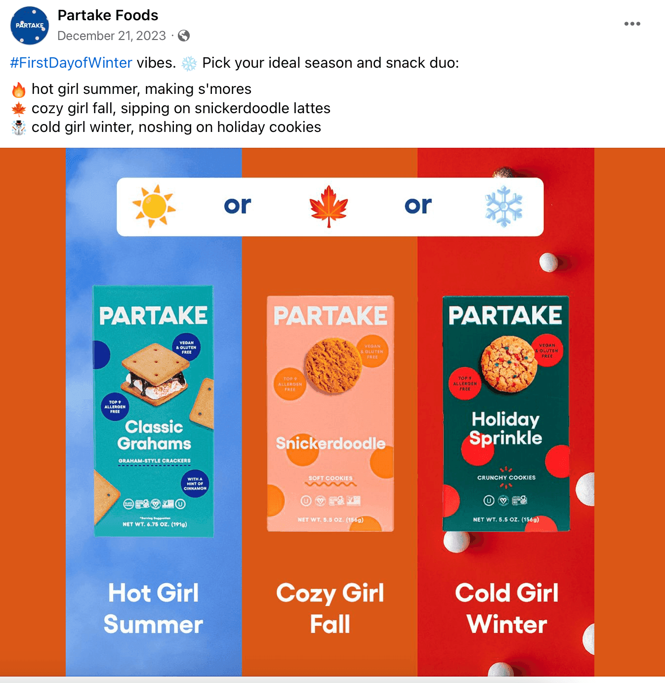 Partake Foods Facebook poll about which season/snack combo is best