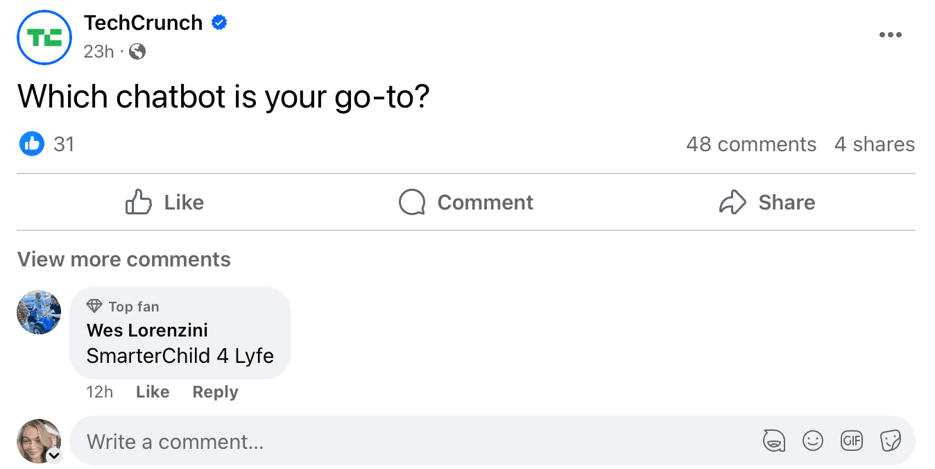 TechCrunch asking "Which chatbot is your go-to?" question on Facebook