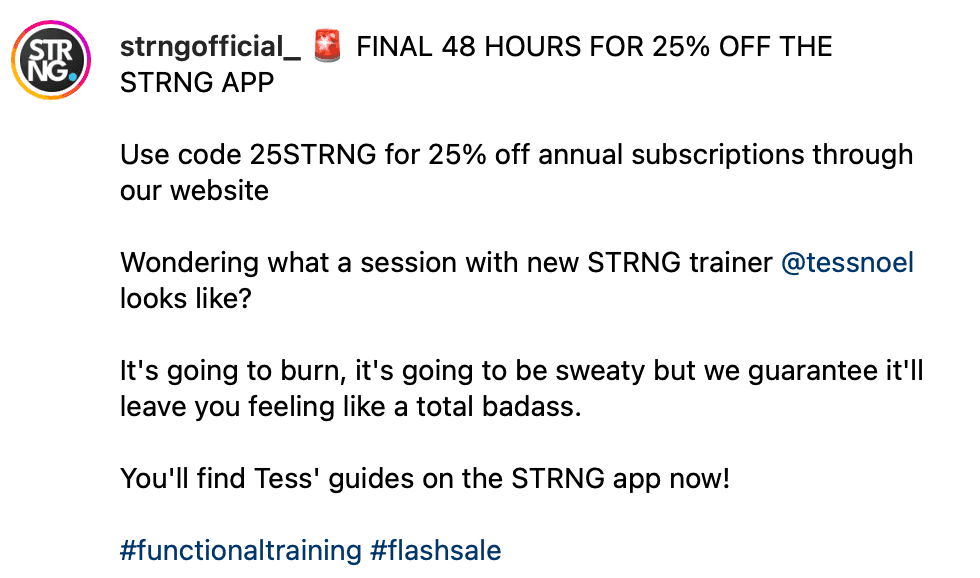 Strng clothing instagram flash sale caption