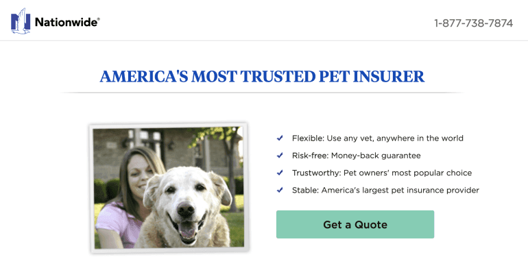 Nationwide "America's most trusted pet insurer" with button leading to click-through page 