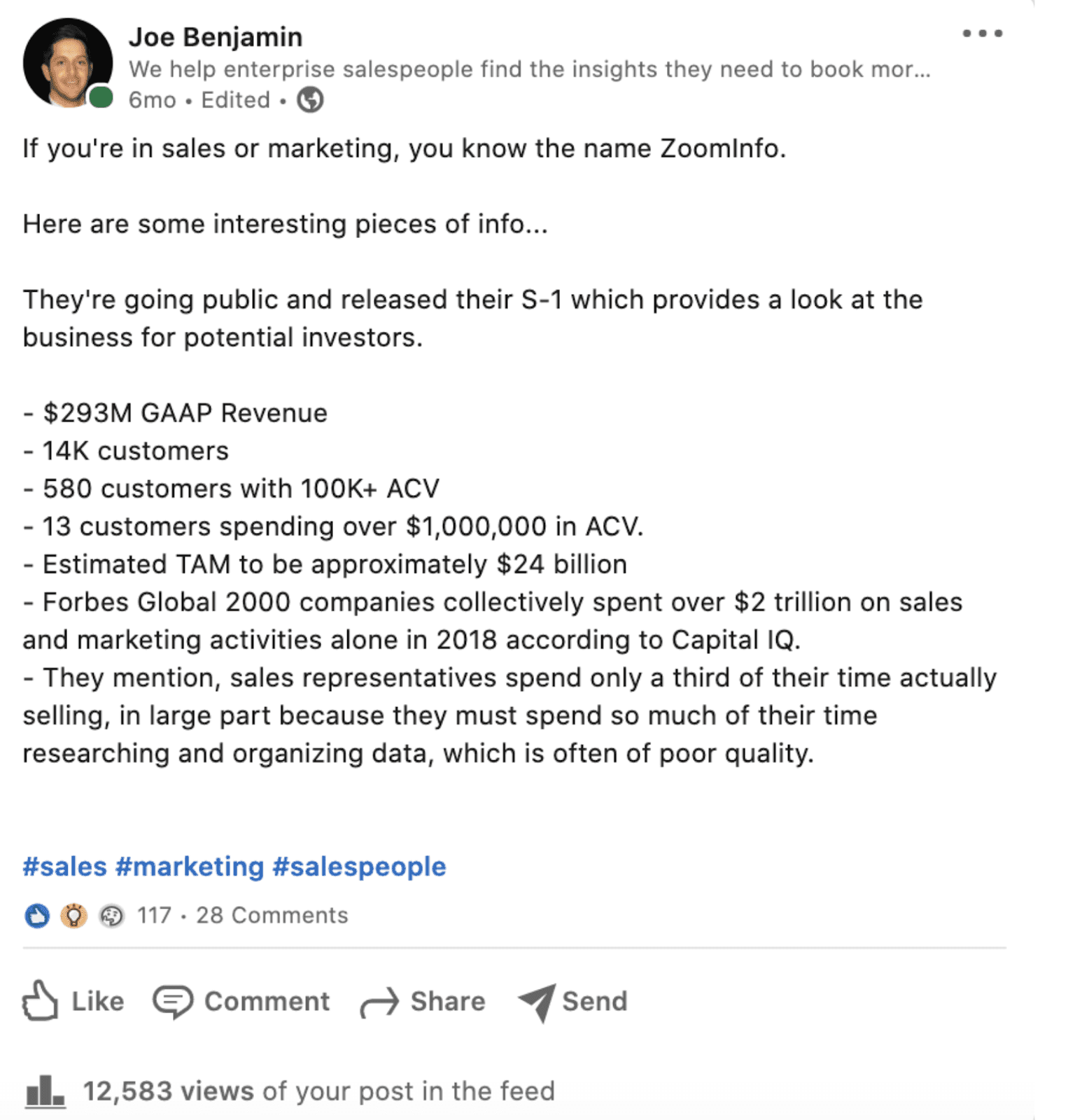 Linkedin post on Zoominfo information