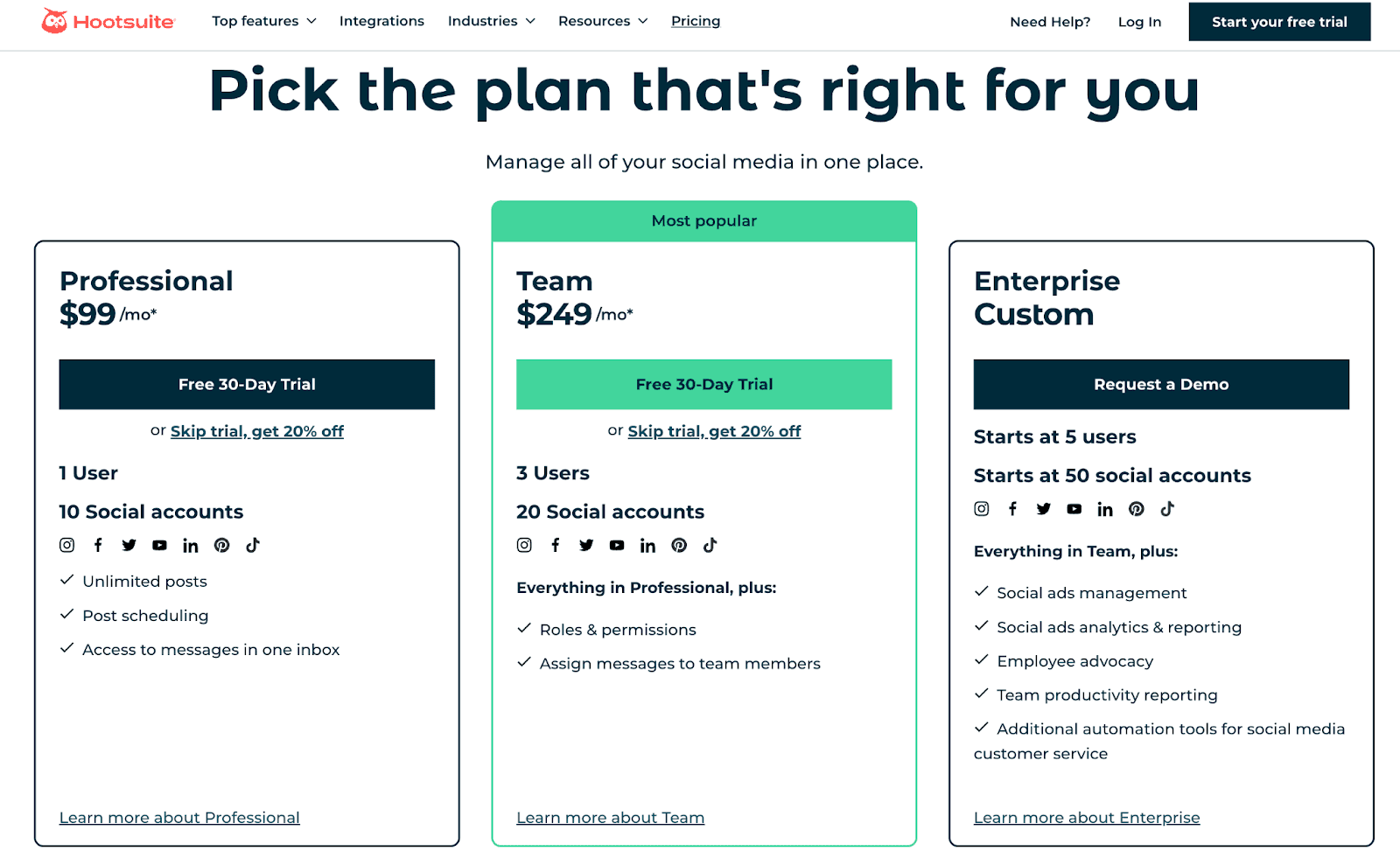 Hootsuite Pricing Page