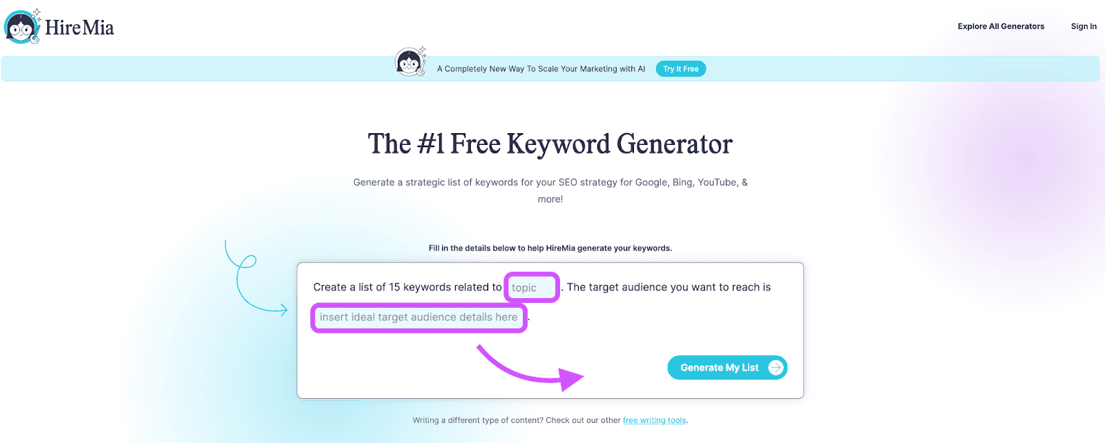 HireMia keyword generator homepage