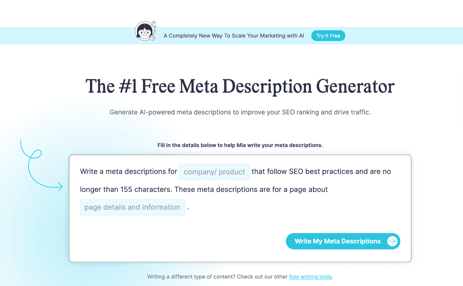 HireMia meta description generator homepage