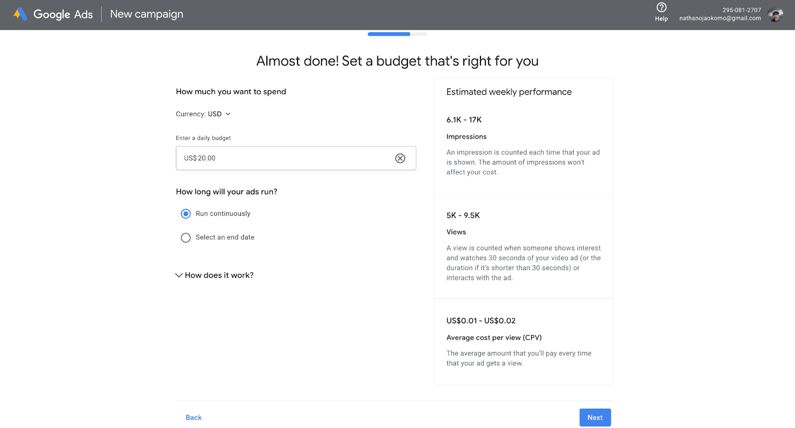 Google ad budgeting page