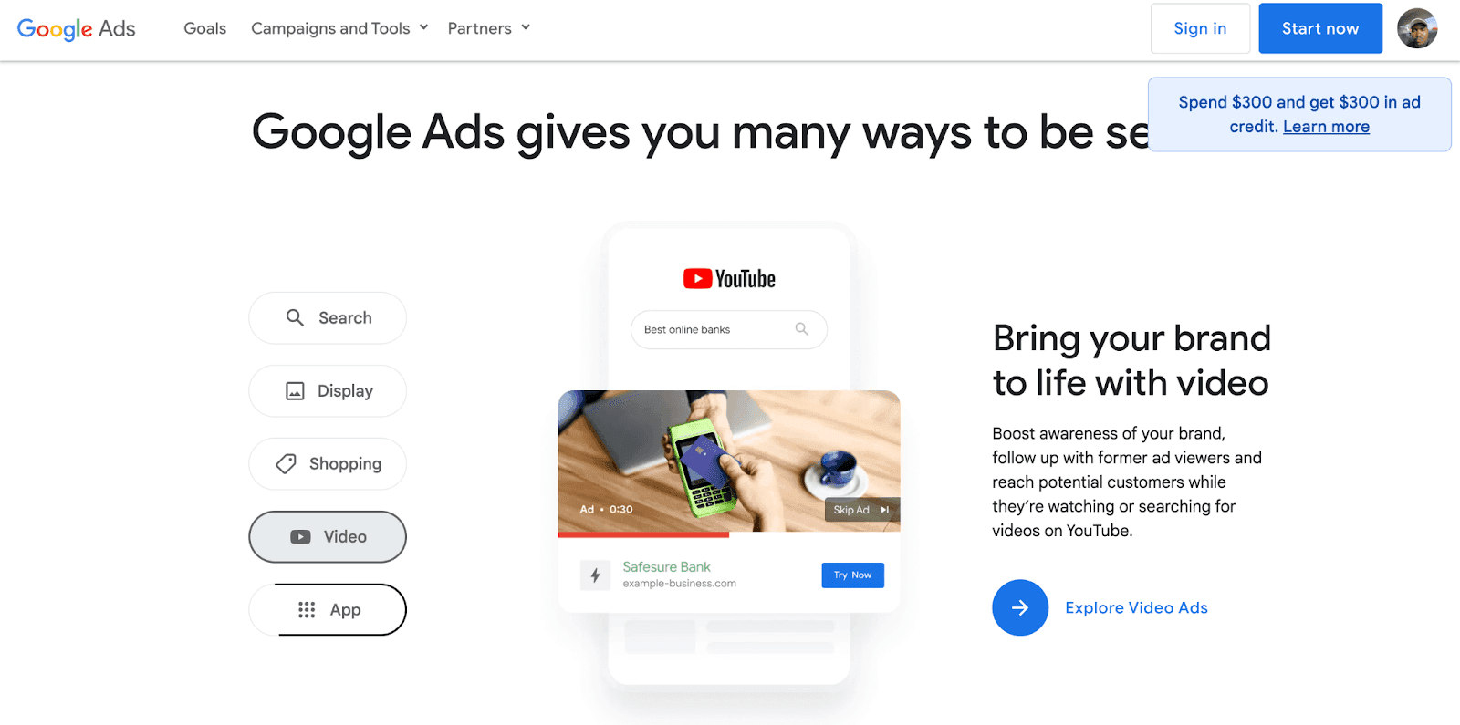 Google ad campaign homepage