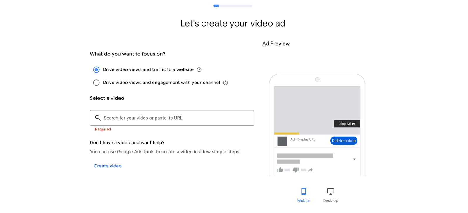Google ad page lets create a video