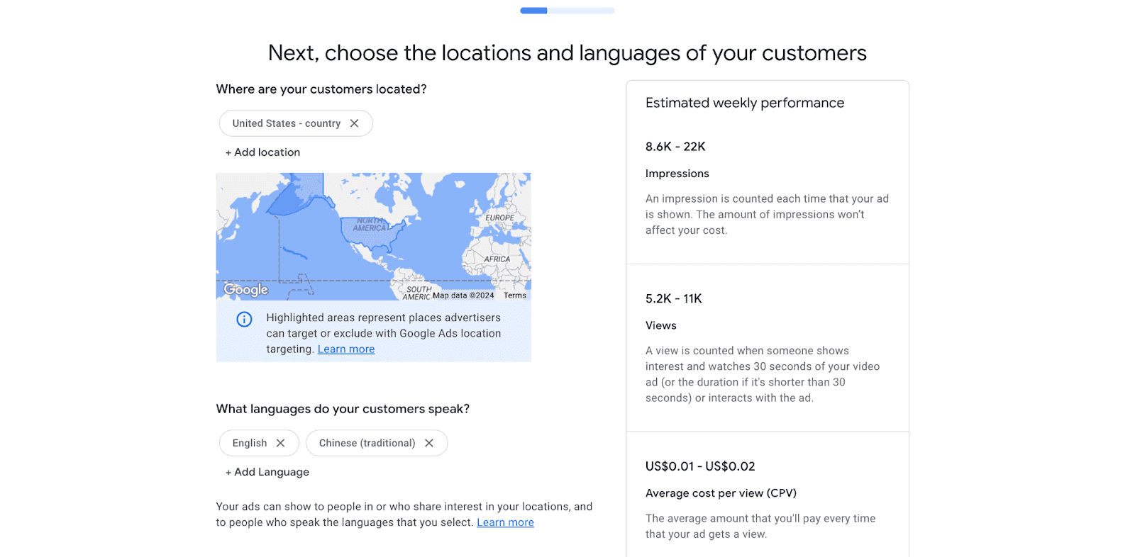 Google ad page choosing location and language