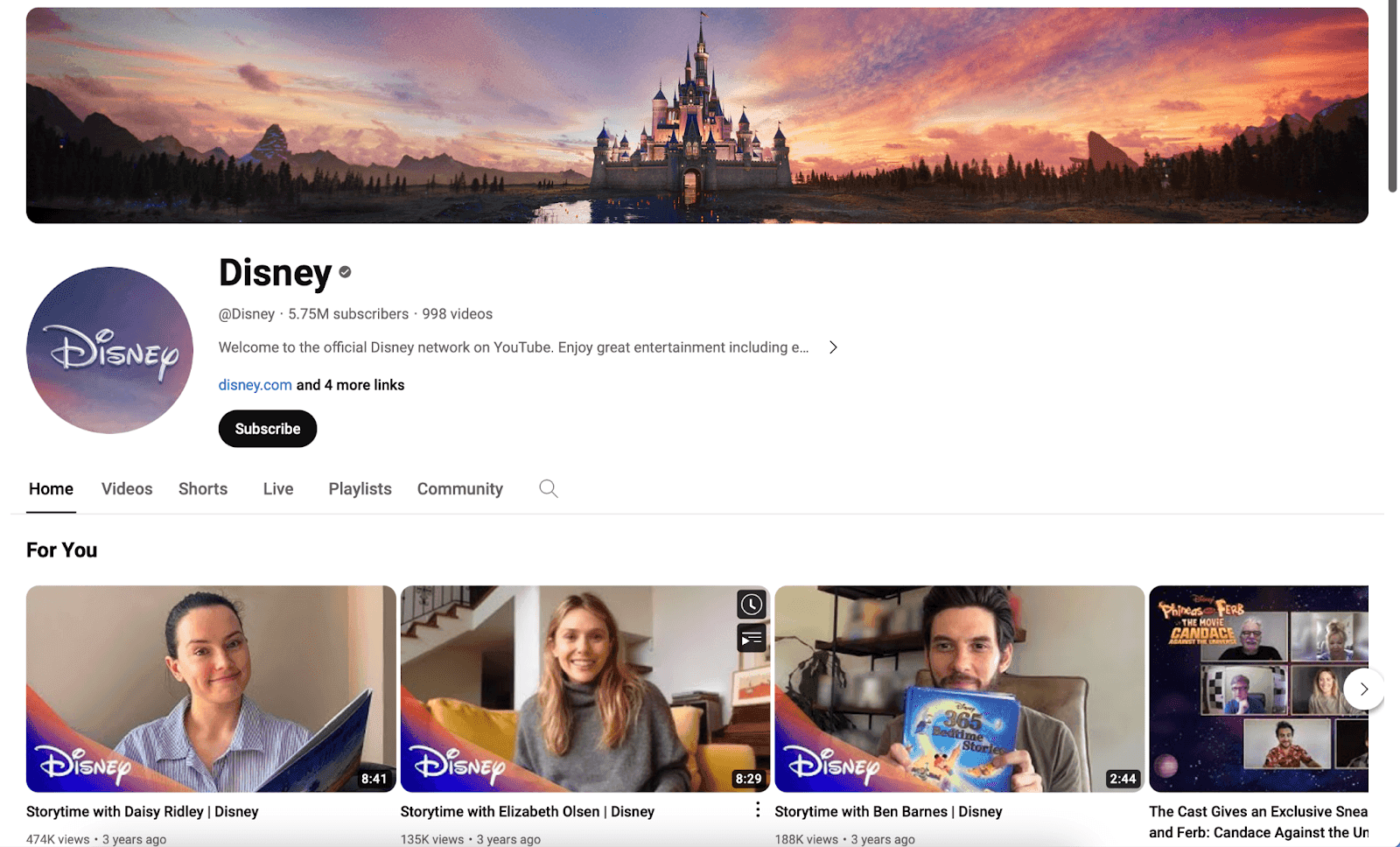 Disney YouTube homepage