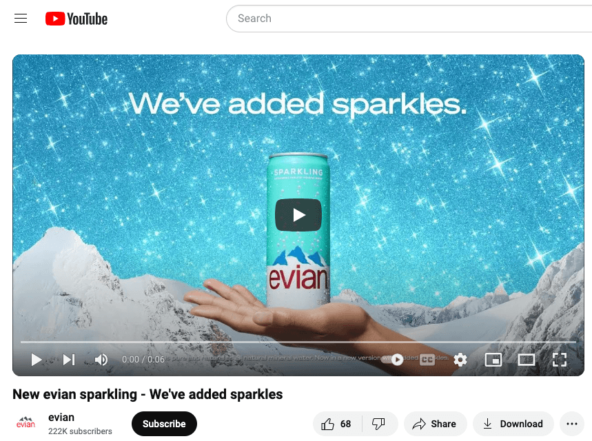 YouTube video of new Evian sparkling water