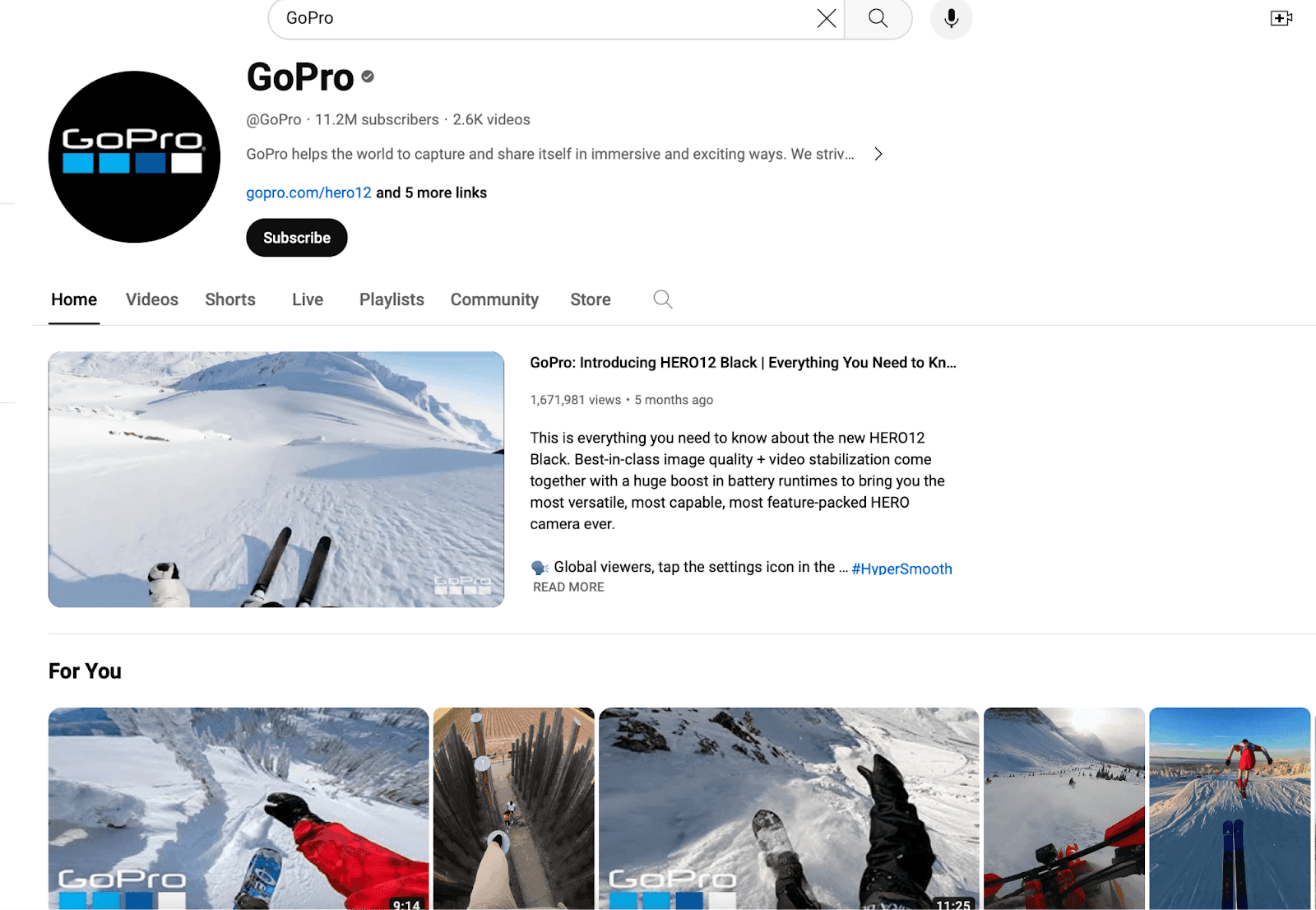 GoPro YouTube homepage